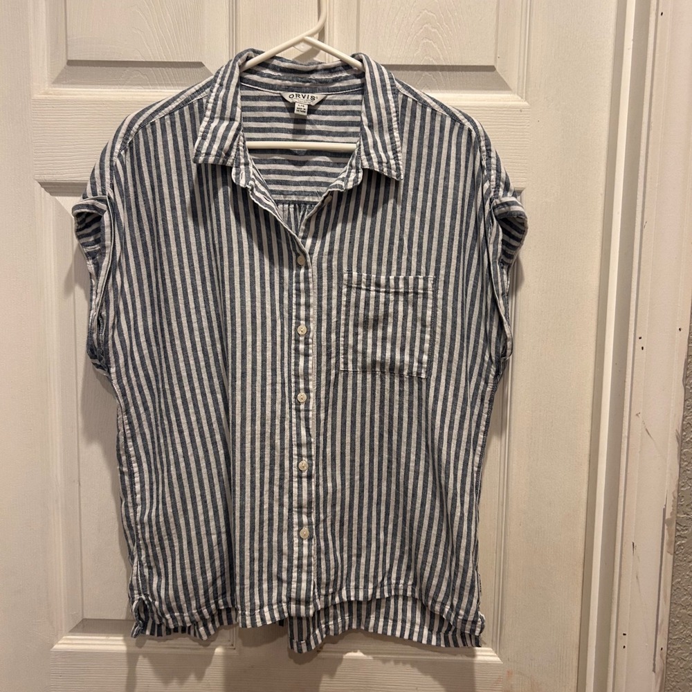 ORVIS‎ Womens Striped Button Up Shirt Linen Blend Short Sleeve Classic Beach  L